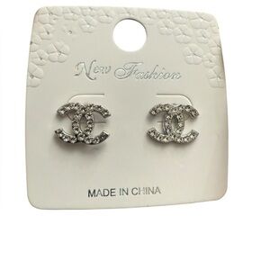Chic Silver Crystal Logo Earrings